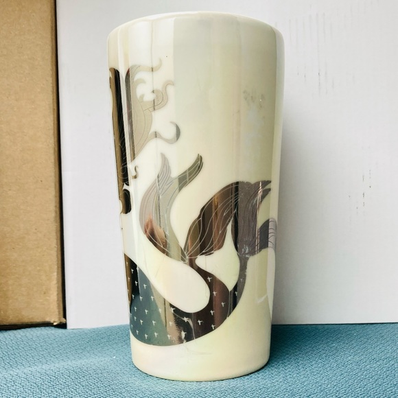 Starbucks 2021 Holiday Ceramic Tumbler Cup Iridescent Pearl White Mermaid 12oz - Picture 2 of 2